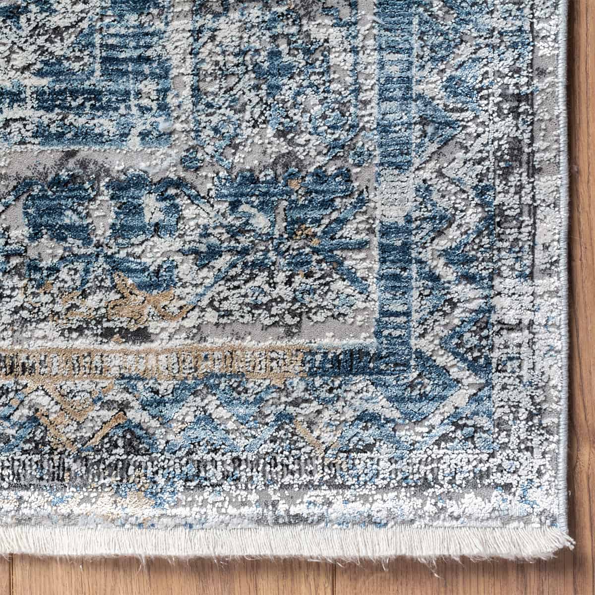 שטיח ג'איפור 24 אפור/כחול/צהוב עם פרנזים | השטיח האדום