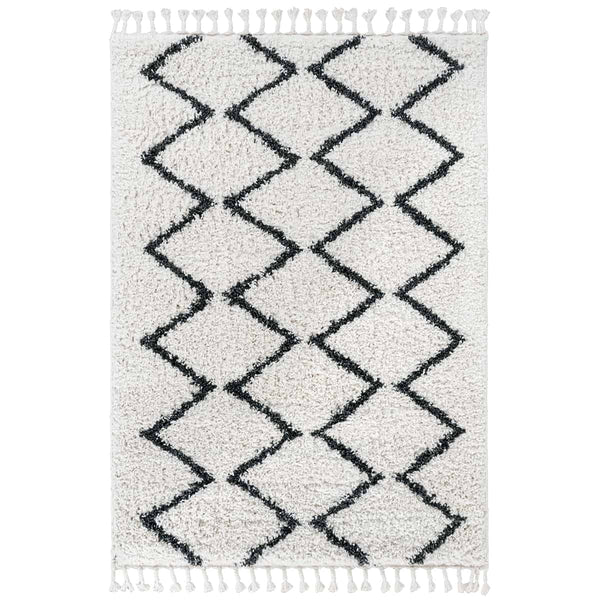 שטיח קזבלנקה 08 לבן/שחור עם פרנזים CASABLANCA