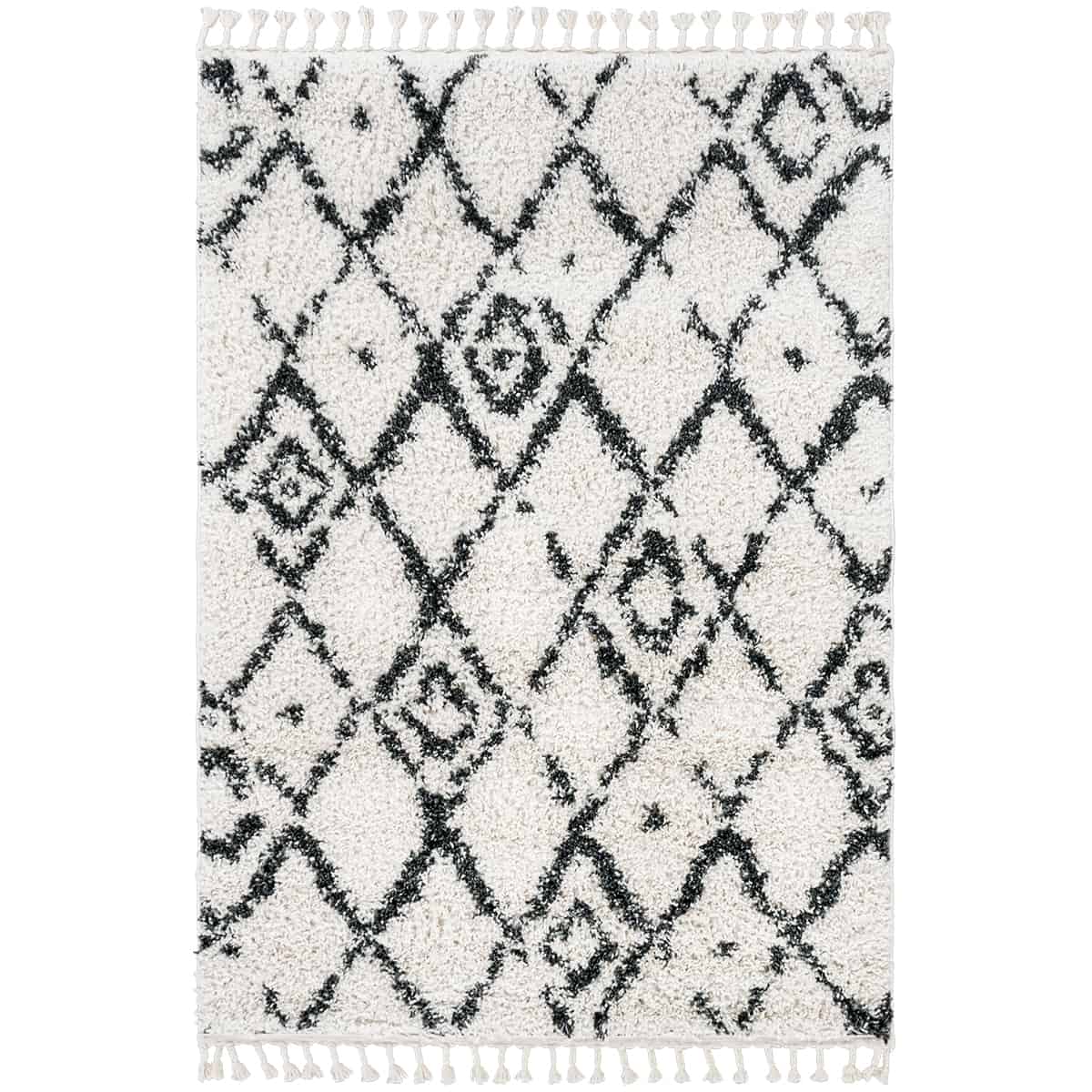 שטיח קזבלנקה 09 לבן/שחור עם פרנזים | השטיח האדום