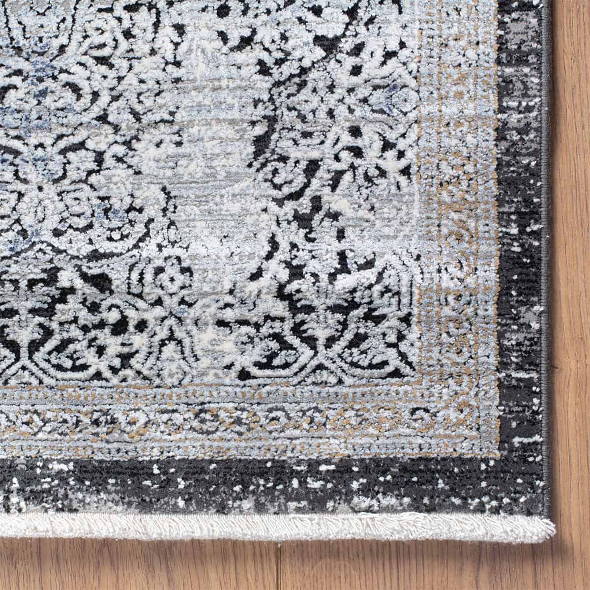 שטיח ג'איפור 23 כחול/אפור/צהוב עם פרנזים | השטיח האדום