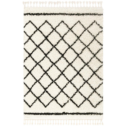 שטיח קזבלנקה 07 לבן/שחור עם פרנזים | השטיח האדום