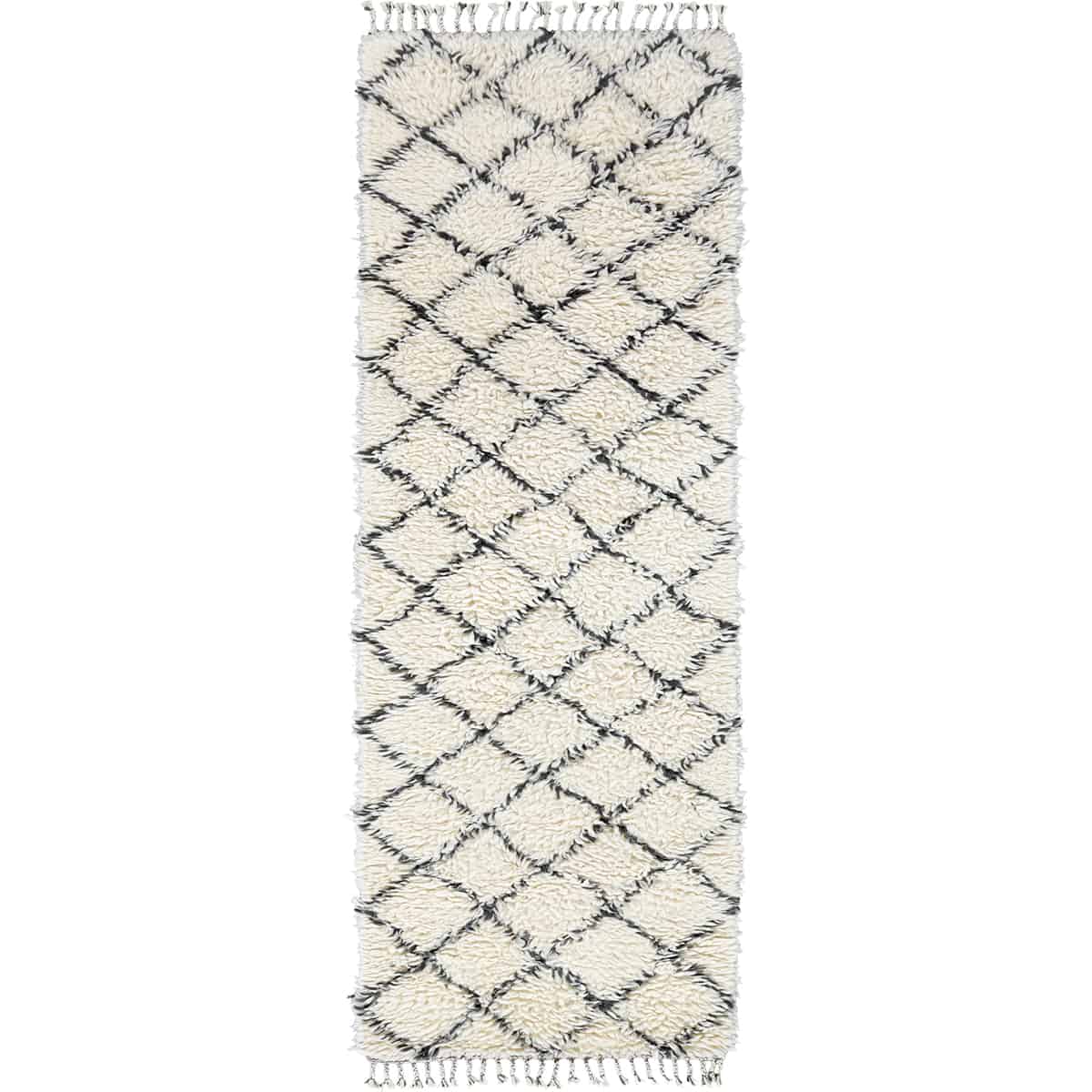 שטיח ברבר מרוקאי 02 לבן/שחור ראנר עם פרנזים | השטיח האדום