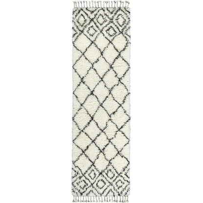 שטיח ברבר מרוקאי 05 לבן/שחור ראנר עם פרנזים | השטיח האדום