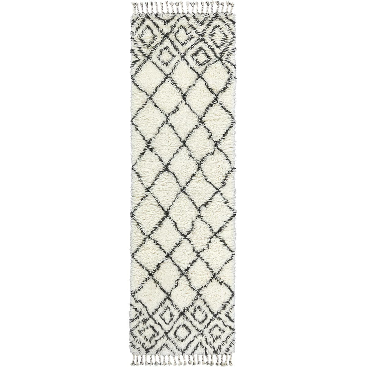 שטיח ברבר מרוקאי 05 לבן/שחור ראנר עם פרנזים | השטיח האדום
