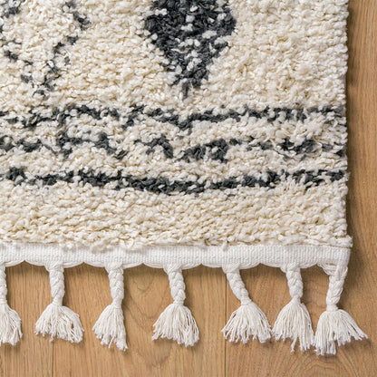 שטיח שאגי מרקש 12 קרם/שחור עם פרנזים | השטיח האדום