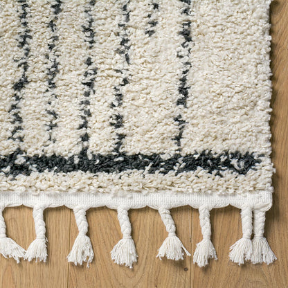 שטיח שאגי מרקש 11 קרם/שחור עם פרנזים | השטיח האדום