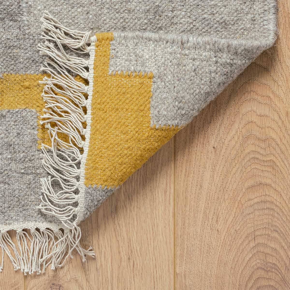 שטיח קילים סקנדינבי 19 כחול/צהוב/אפור ראנר עם פרנזים | השטיח האדום