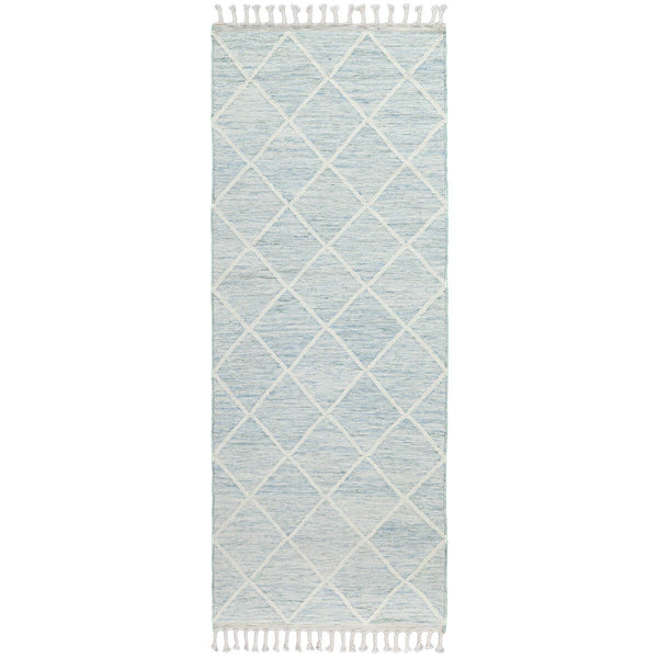 שטיח קילים שוהם 01 תכלת ראנר עם פרנזים KILIM
