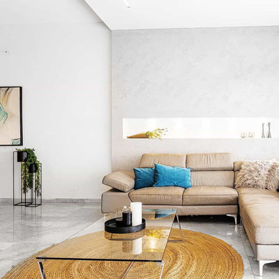 שטיח תמר אריגה שטוחה 01 בז' בהיר עגול | השטיח האדום | עיצוב: חגית אילוז, צילום: גילי פרידמן סטודיו ויזואלית