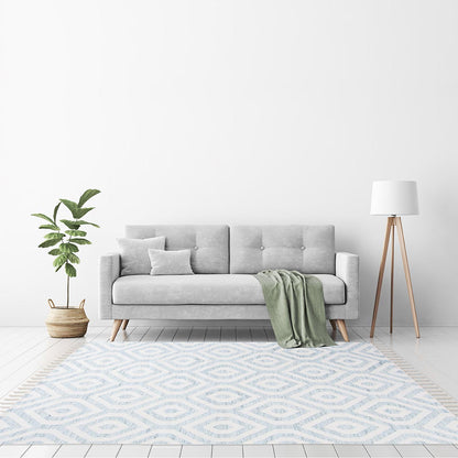 שטיח קילים הדס 02 תכלת/לבן עם פרנזים | השטיח האדום